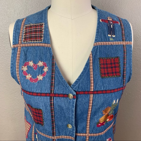 vintage Bobbie Brooks ugly Fall patchwork embroidered chambray button front vest - Picture 2 of 13